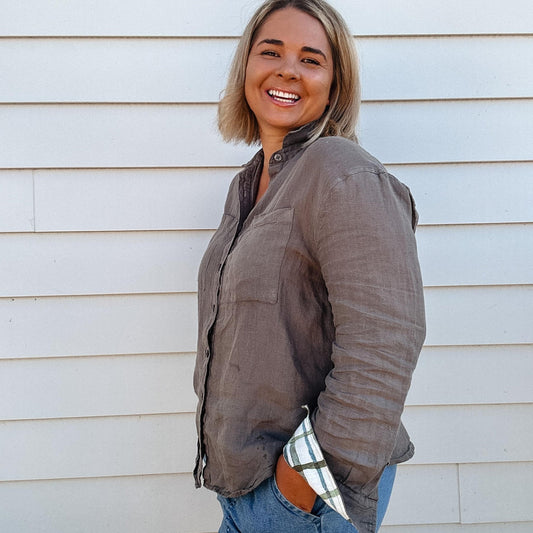 Outback Linen - SPINIFEX GREEN ORGANIC LINEN SHIRT WITH PRINTED CUFFS