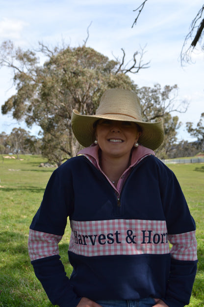 Navy and Pink Gingham Unisex 1/4 Zip Jumper