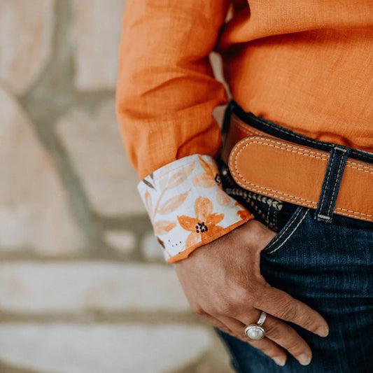 Outback Linen Co. - ORANGE RUST ORGANIC LINEN SHIRT WITH PRINTED CUFFS