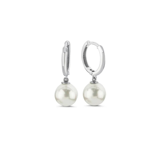 9mm White Pearl Huggie Earrings - Silver